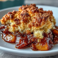 Warm peach cobbler with golden biscuit topping, ready to serve.